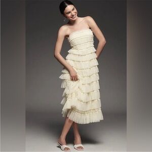 Mac Duggal Tea-Length Mesh A-Line Dress with Micro Ruffle Detailing